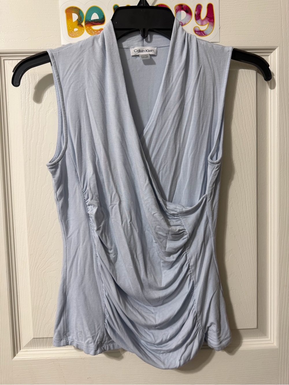 Calvin Klein Light Blue Draped Sleeveless Wrap Front Top